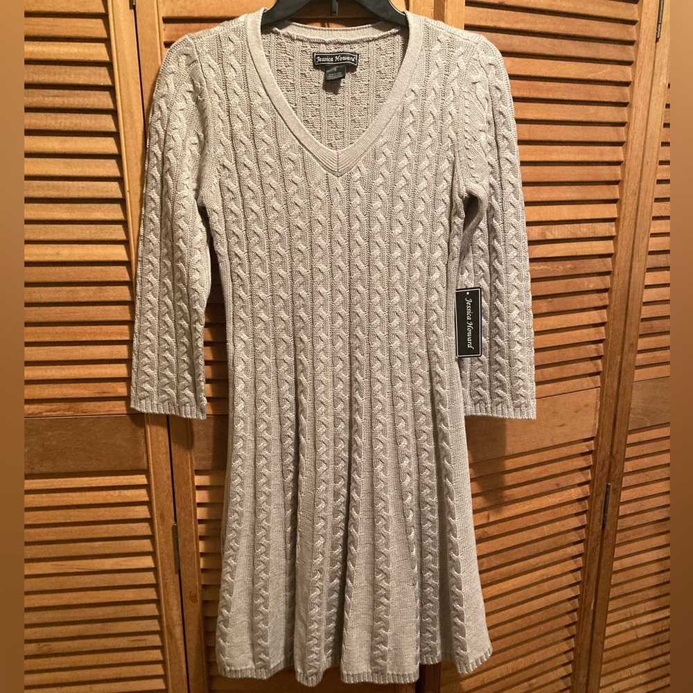 Jessica Howard Oat/Gray Cable Knit Sweater Dress